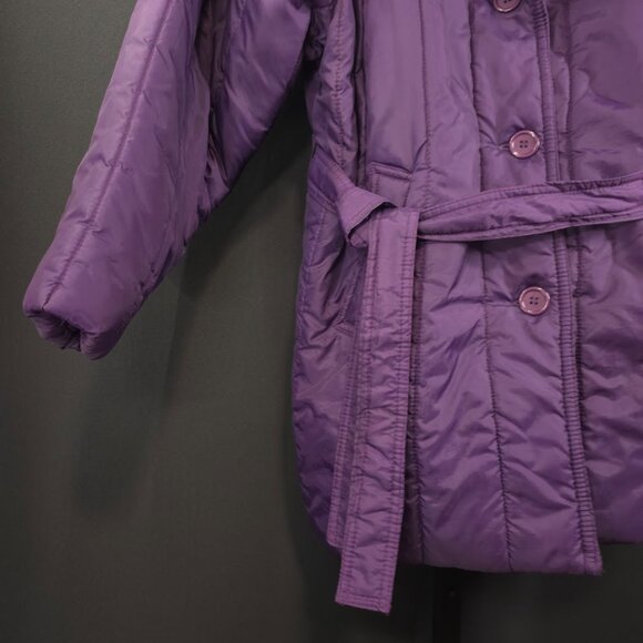 Vintage Puffer Coat Womens L 80s Purple Quilted Faux Fur Collar Belted Winter - Picture 3 of 4